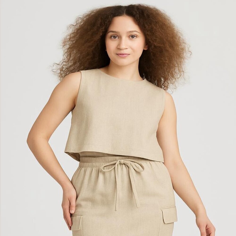 A New Day Women's Size XL Sand Beige Linen Blend Sleeveless Cropped Top